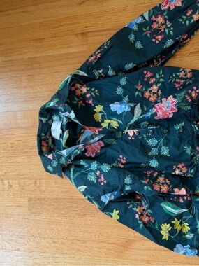 Cara Cara Dark Green Floral Button-Up Blouse with Multicolor Blooms